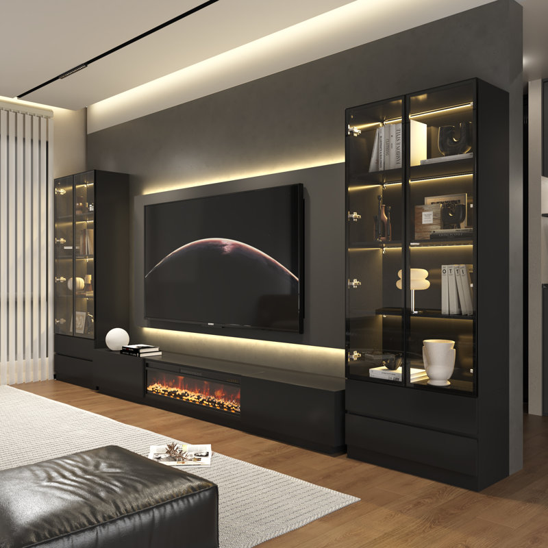172”w Tv Stand Entertainment Center With Fireplace, Black