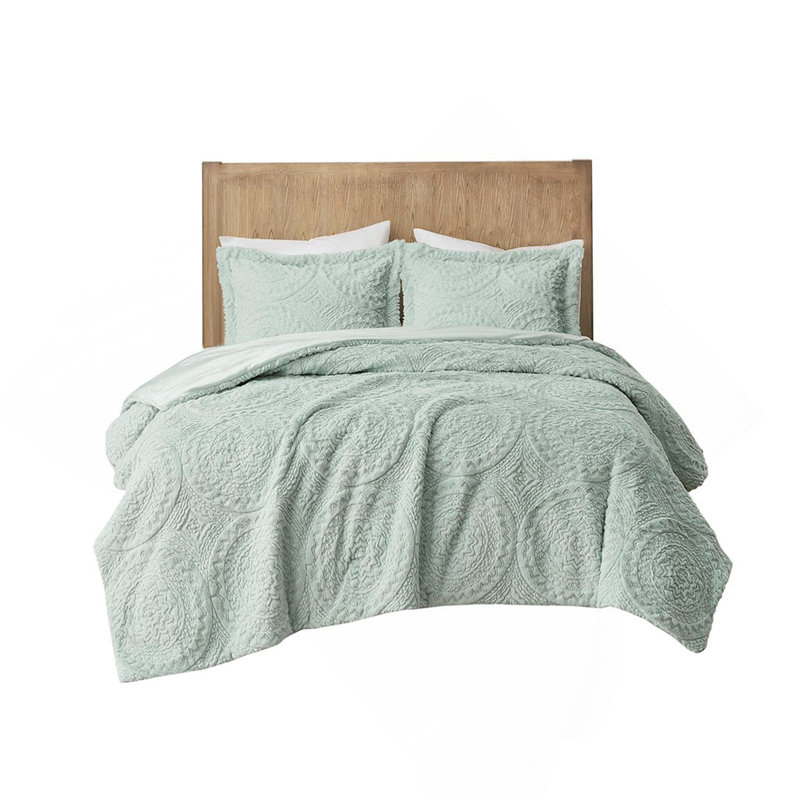 Full/Queen Embroidered Medallion Faux Fur Plush Comforter Mini Set, Hypoallergenic And Elegant Design