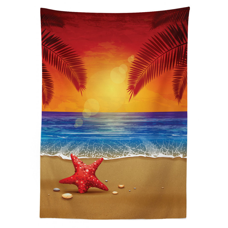 Ambesonne Tropical Tablecloth, Sunset Cartoon Illustration Beach Summer Starfish Palm Tree Ocean Fantasy Art, Rectangular Table Cover For Dining Room Kitchen Decor, 52" X 70", Red Yellow Blue