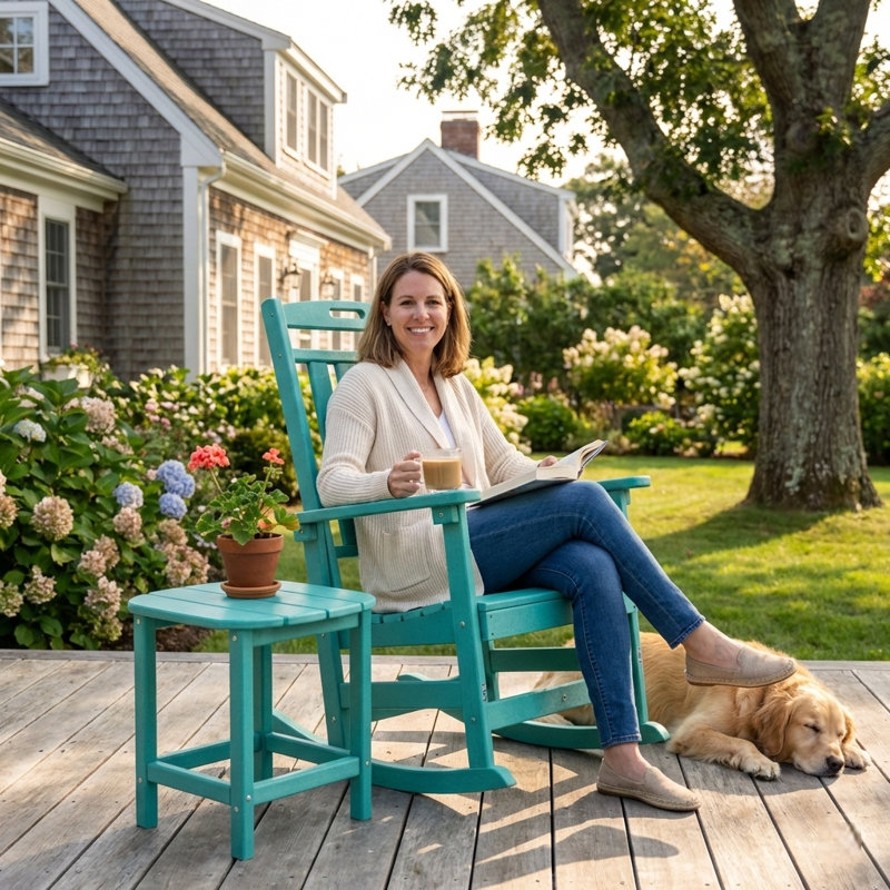 2-Piece HDPE Outdoor Rocking Chair Set With Side Table, All-Weather Porch Rocker And End Table Bundle, Teal