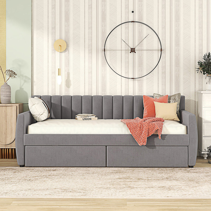 Modern Style Twin Size Upholstered Daybed With Drawers, Twin Daybed, Gray