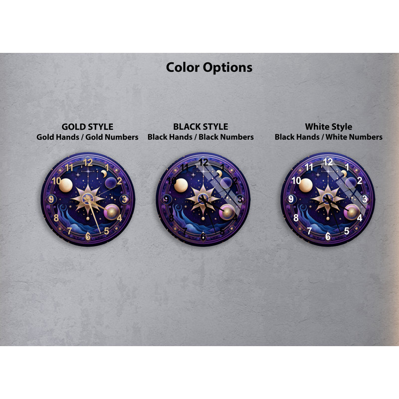 Horloge murale ronde en verre trempé 24 po Celestial Planets and Guiding Star, Blanc
