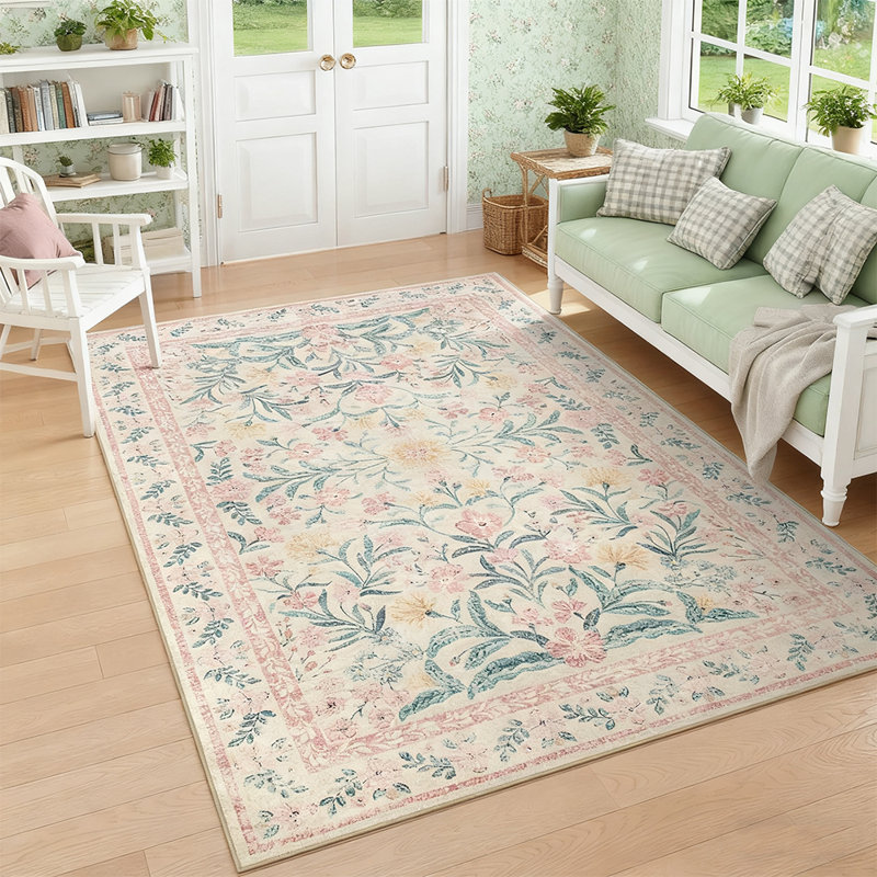 Machine-washable pink carpet Bohemian floral carpet, Rectangle 5' x 7'