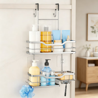 Over Door Shower Caddy, 2-Tier Hanging Shower Shelves with Soap Holders and 4 Hooks, Large Capacity Bathroom Organizer and Storage Rack, Rust-Resistant Stainless Steel