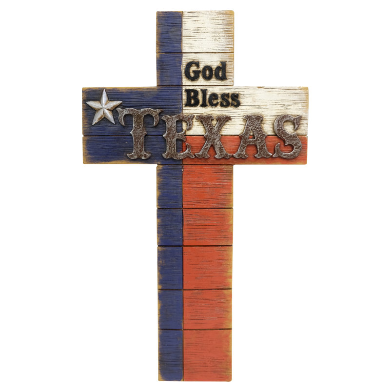 Polyresin God Bless Texas Red, White & Blue Lone Star Flag on Faux Wood Hanging Wall Cross