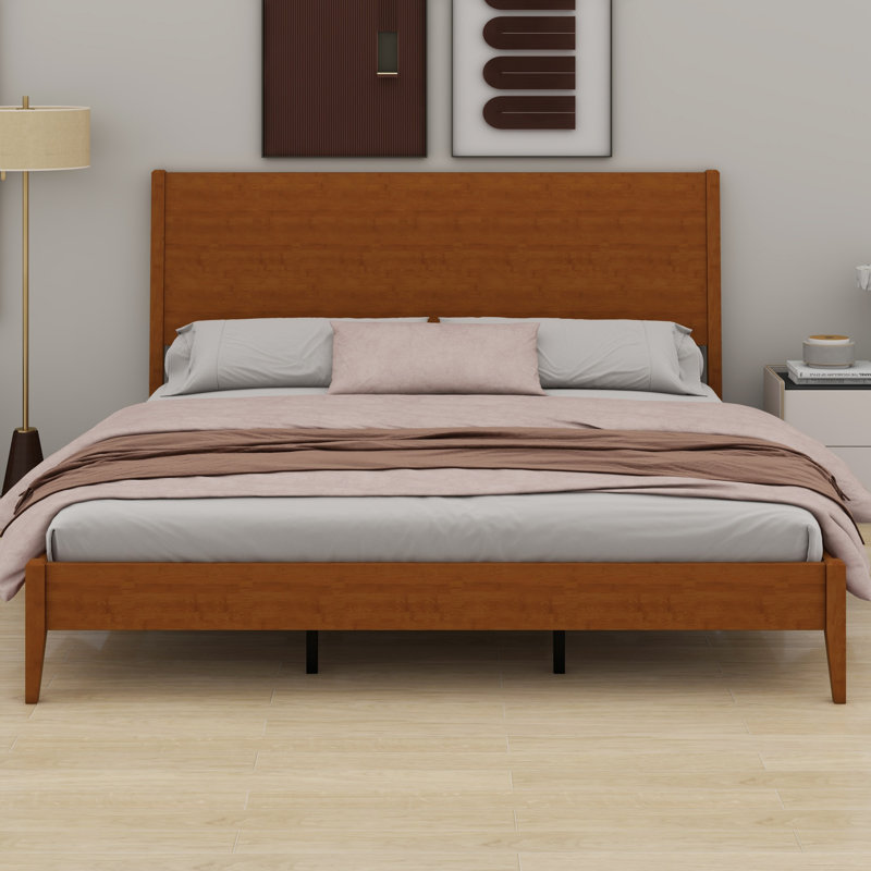 Structure de lit de style Mid-Century moderne, lit plateforme en bois avec lattes intégrées et support en métal, Noyer, King