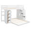 Lit superposé (1 place et 1 place) avec escalier de rangement, étagères à 3 niveaux et tiroirs, structure en bois massif, blanc-1248882302