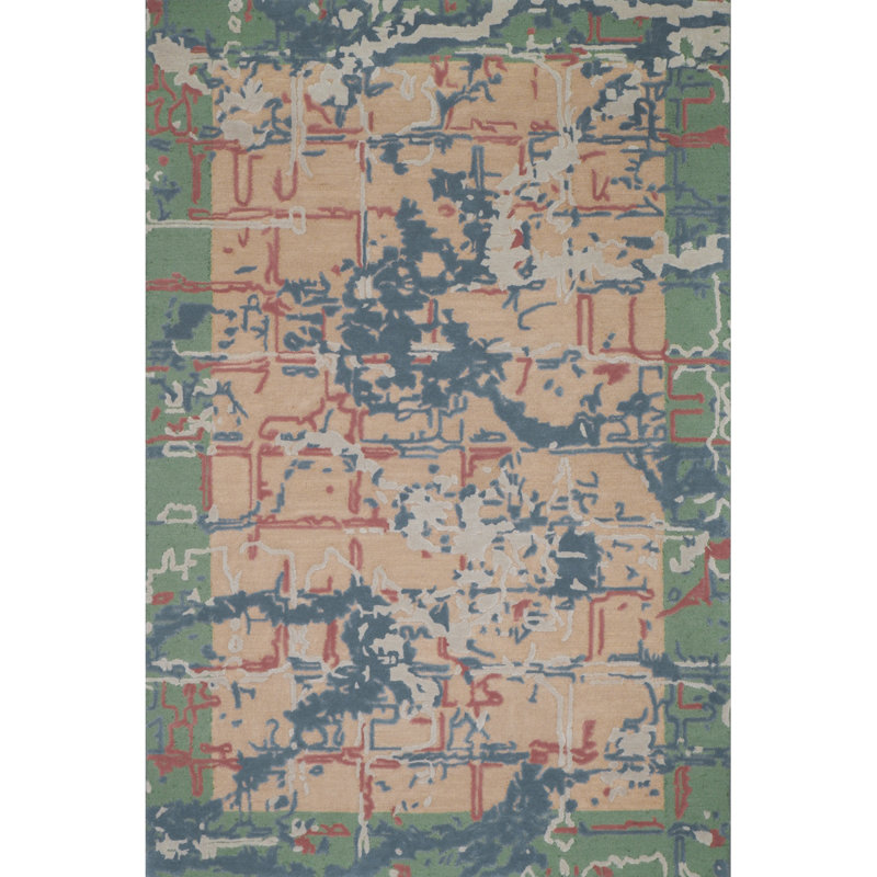 Great Bay Hand-Tufted New Zealand Wool Rug High-Low Textured Abstract Bordered, 6' x 9'