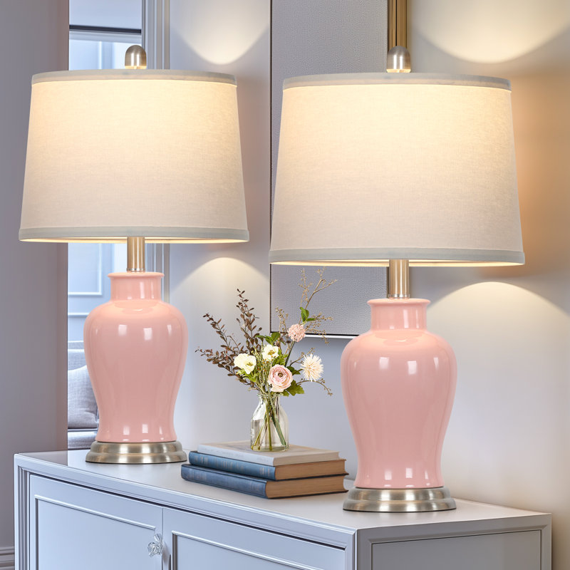23" Ceramic Ginger Jar Table Lamp With White Fabric Shade And Led Bulb, Pink/Silver