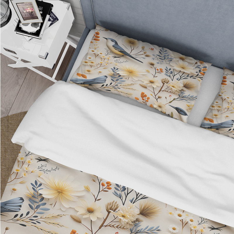 Literie élégante à motif floral bleu et jaune scandinave, Housse de couette pour très grand lit et 2 très