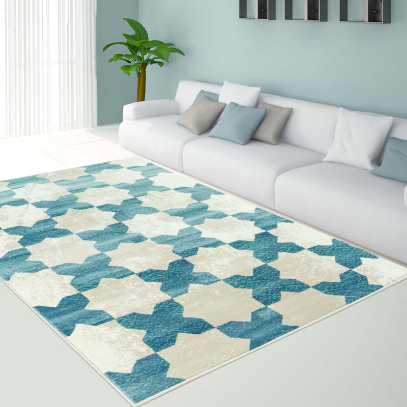 Tapis bleu à motif géométrique, Rectangle 5 pi 2 po x 7 pi 5 po