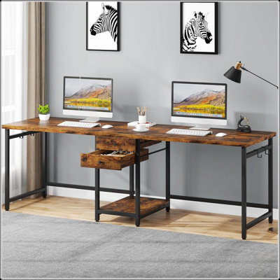 Bureau d'ordinateur 79 pouces pour deux personnes avec tiroirs, tablettes de rangement et crochets, bureau d'écriture industriel pour la collaboration de bureau à domicile