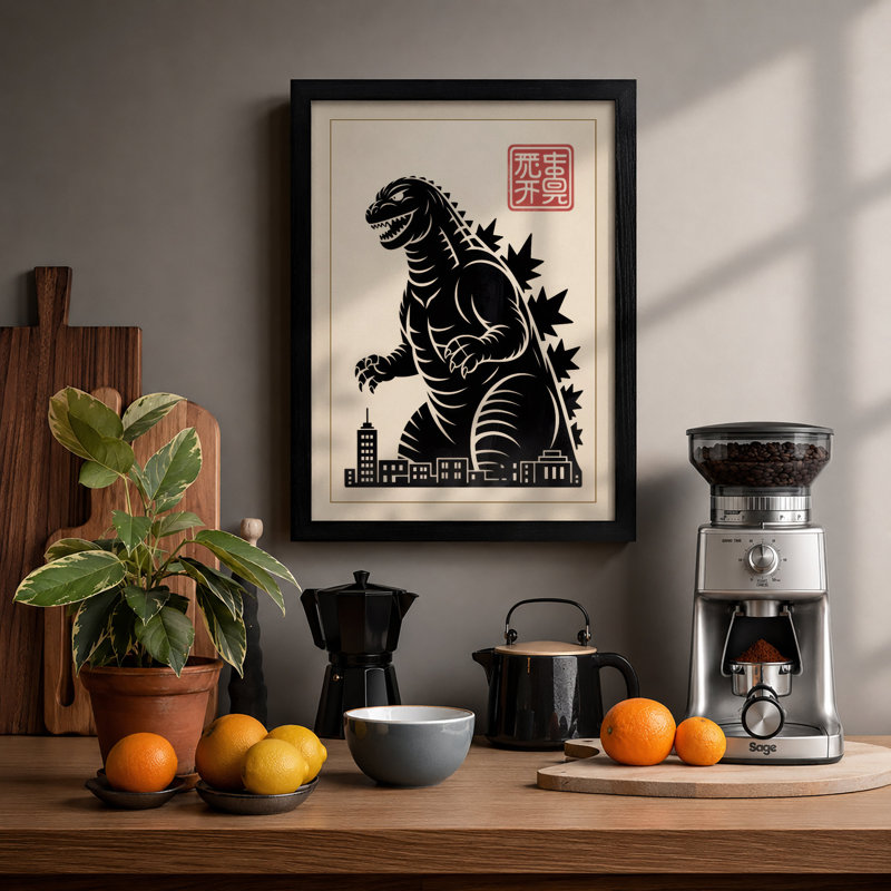 Godzilla Rises Japandi - Framed Print, Black, A3 - 42.0 x 29.7 cm