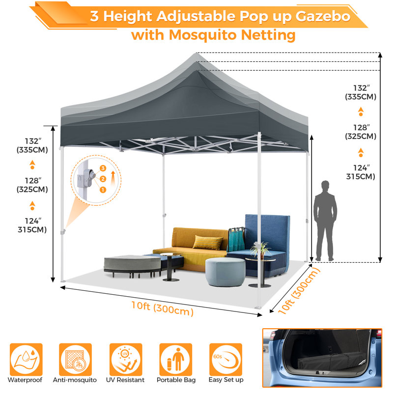 Tente à auvent robuste 10 x 10 po, pavillon de jardin escamotable avec filet grillagé, imperméable, Gris