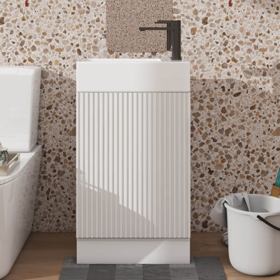 Meuble-lavabo compact de 18,6 pouces avec lavabo, armoire avec tablette à deux niveaux, porte-papier hygiénique et porte silencieuse à fermeture en douceur, choix gauche / droite