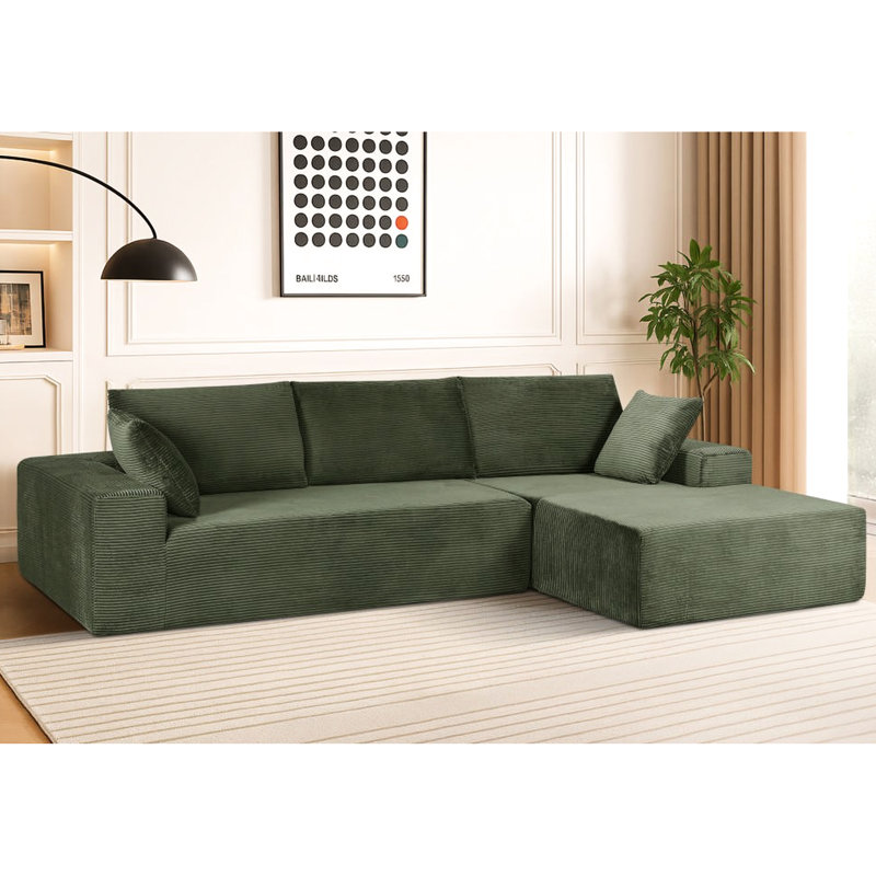 Canapé d'angle convertible 4 places en velours côtelé doux, garni de mousse haute densité, idéal pour un salon ou une chambre à coucher. Aucun montage requis. Design moderne, montage facile, orientation à droite.