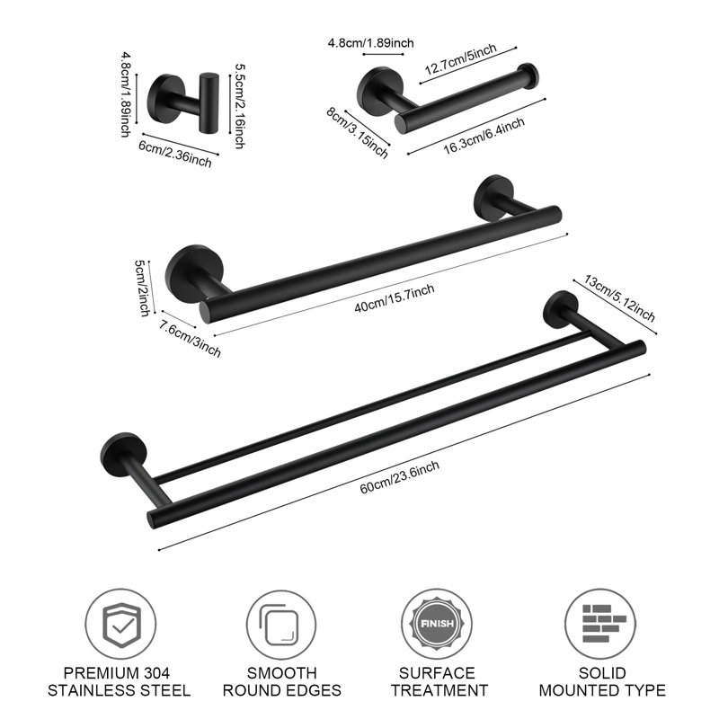 Bathroom Hardware Set,bathroom Accessories,stainless Steel,wall Mounted,4 Pieces, Matte Black