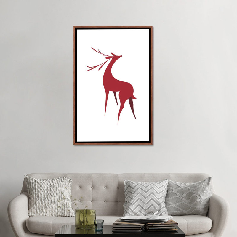 Cerf stylisé rétro en rouge - reproduction d'art encadrée, H 48 po x l 32 po, Reproduction encadrée sans passe-partout, Brun
