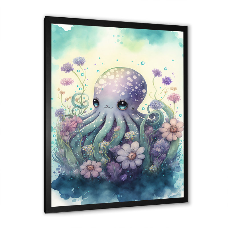 Kauva, mignon petit bébé pieuvre entouré de fleurs I - reproduction sur toile, Cadre photo noir, L 12 po x H 20 po
