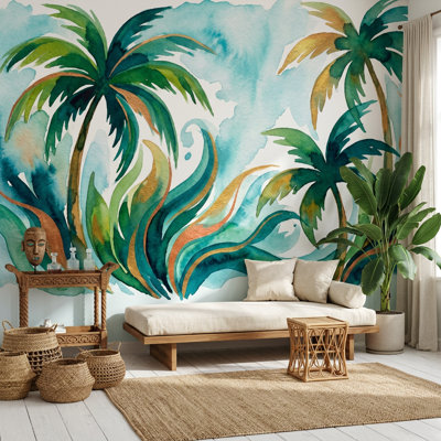 Papier peint tropical avec décoration murale aquarelle palmiers