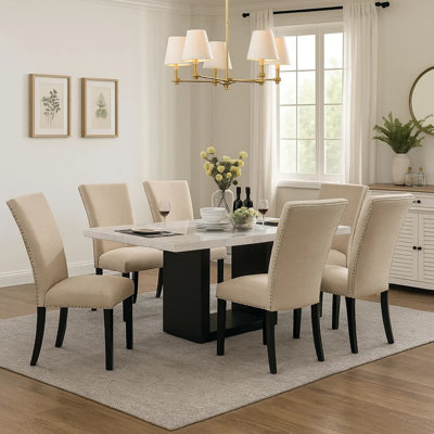 Ronda 7Pc Dining Table Set With Marble Top, Beige Fabric Chairs, White