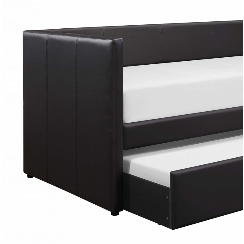 Faux Leather Upholstered Contemporary Daybed with Trundle, Black