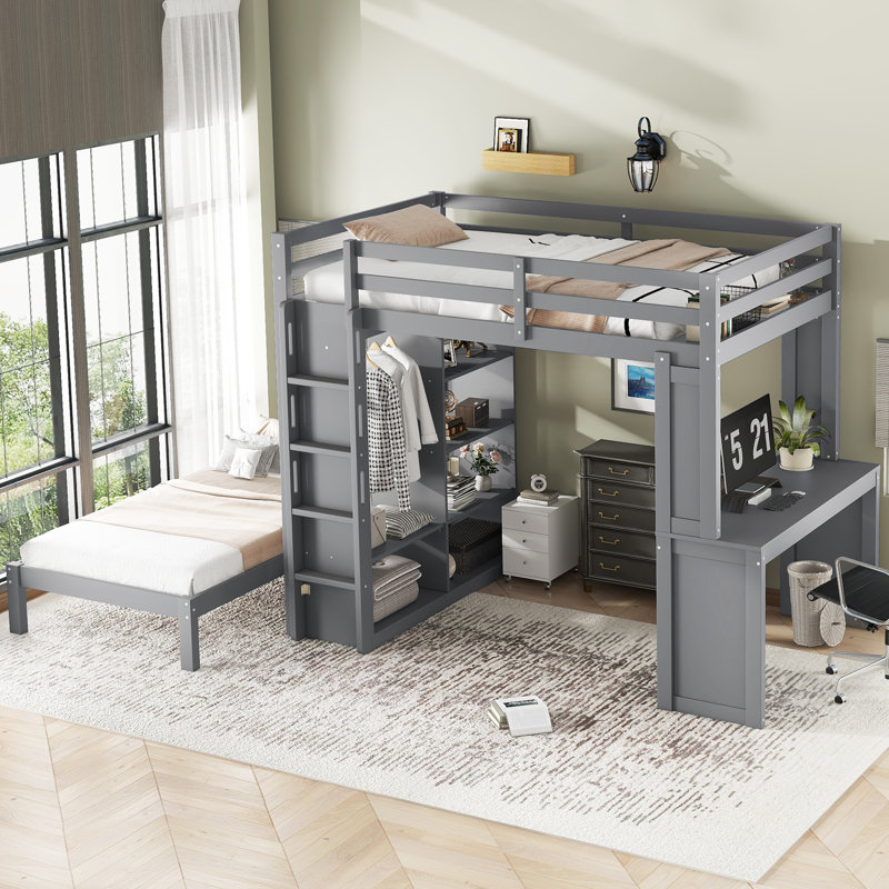 Lit superposé double très grand / double avec bureau, structure en bois massif, tablettes intégrées et garde-robe, lit inférieur amovible, gris