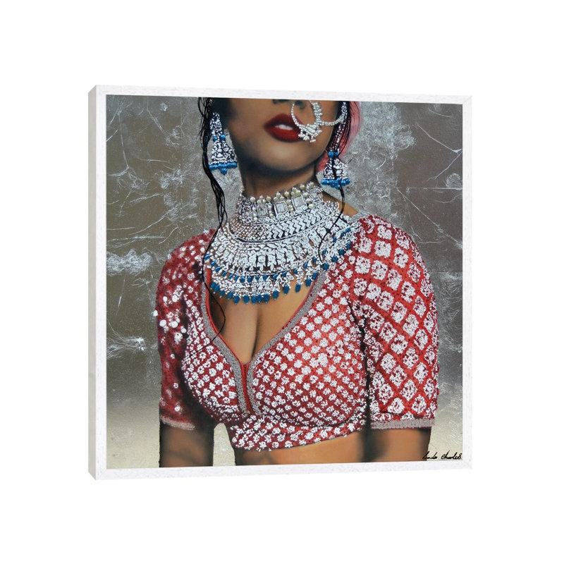 Indian Couture II by Linda Charles - Painting on Canvas, White Floater Framed, 45.72 cm H x 45.72 cm W