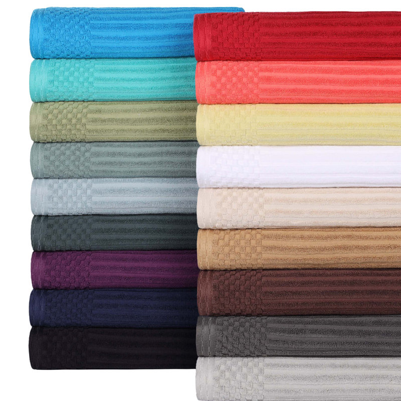 Ruvins Cotton Highly Absorbent Solid and Checkered Border Bath Sheet Set, Navy Blue
