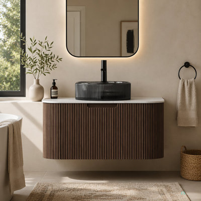 Meuble-lavabo à montage mural à bords courbés avec tiroir, lavabo et comptoir en verre transparent pré-assemblé de 30 po avec lavabo Dina