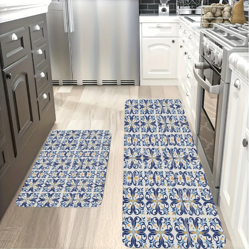 Tapis de cuisine marocain bleu et blanc 2 pièces