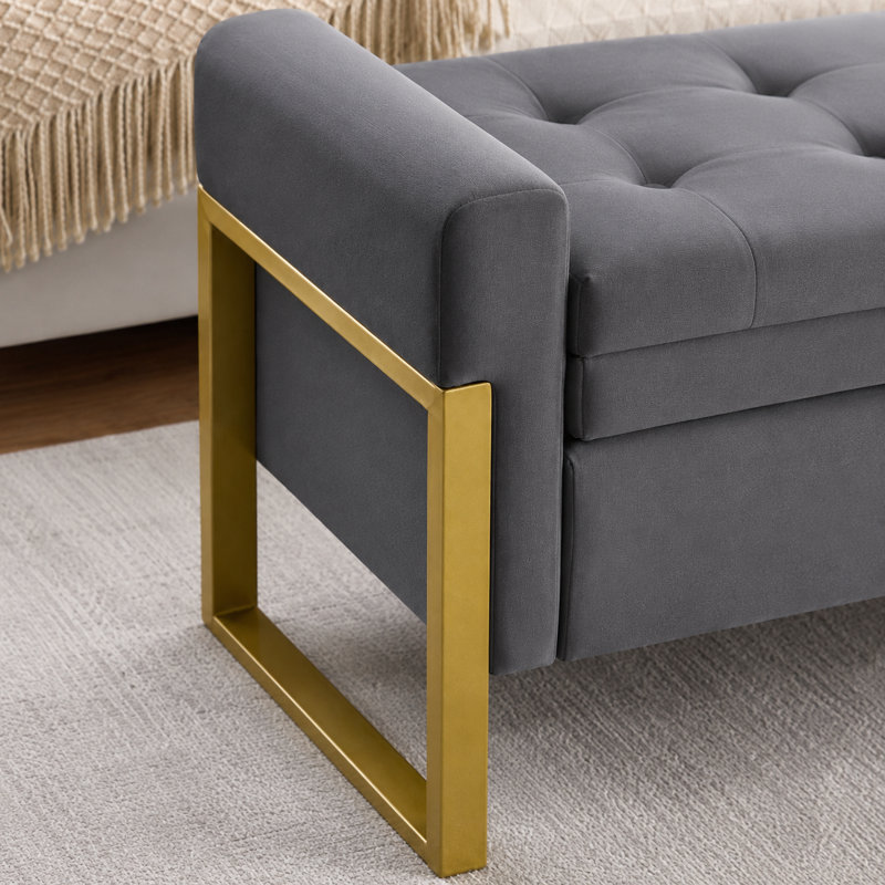 Lunara 67'' W Modern Upholstered Flip Top Storage Bench with Button-Tufted and Metal Foots, Dark Gray Velvet