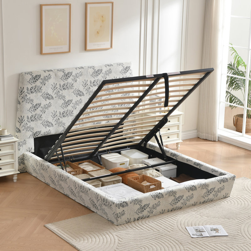 Gerhart  51.5" Luxlury Headboard Hydraulic Lift Up Storage Upholstered Platform Bed,Trapezoid,Chenille Floral,King, King 