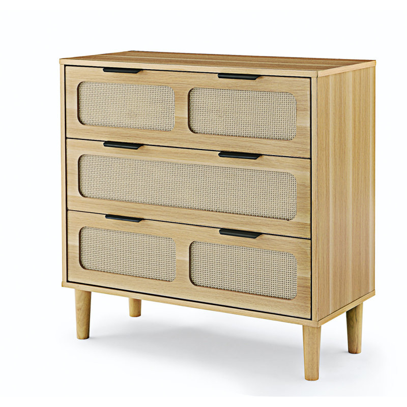 Commode moderne en rotin à 3 tiroirs, Bois naturel