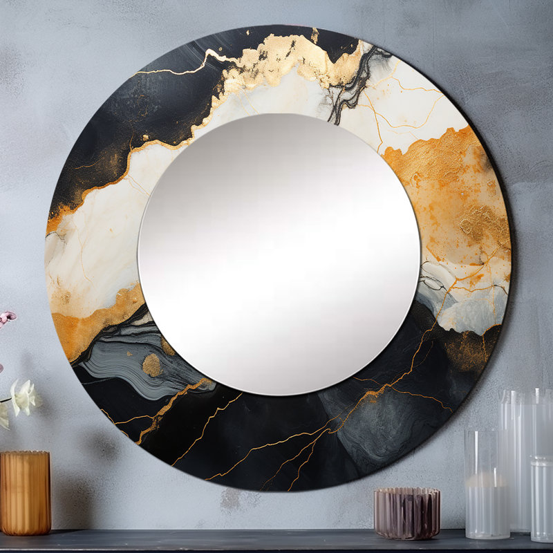 Minimalism Chrome White And Black Poteries - Abstract Spirals Large Wall Mirror, Modern Round Decorative Mirror, Printed Metal Art