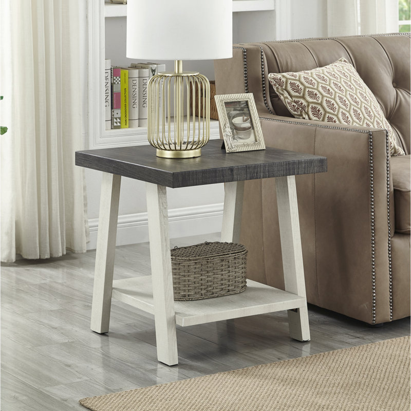 Table de bout à tablette contemporaine en bois Athens avec finition blanche, Gris foncé / beige