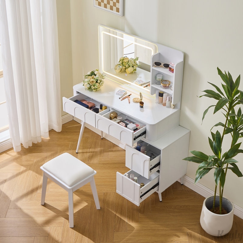 Bureau de coiffeuse maquillage avec lumières DEL et miroir, tabouret, Blanc