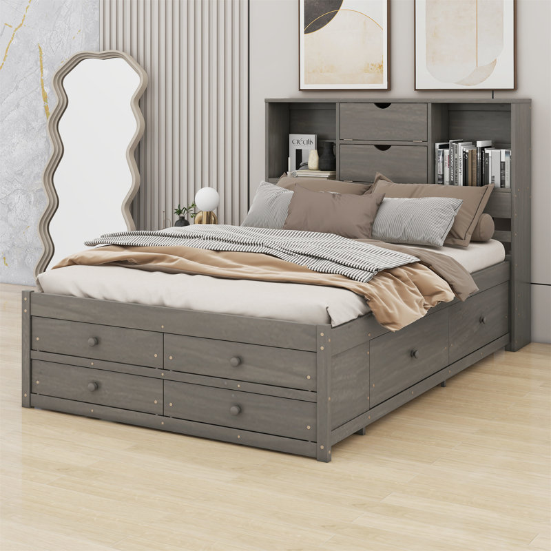 Lit plateforme avec tête de lit avec rangement et 8 tiroirs, Grand lit, Gris