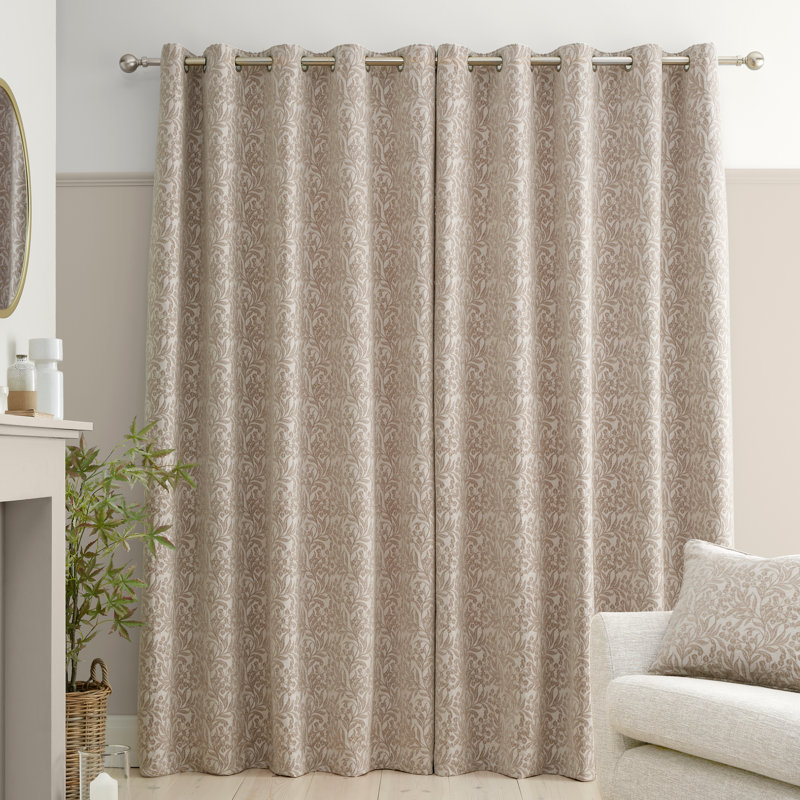 Chenille Leaves Lined Eyelet Curtains, Natural, 46x72 Inch