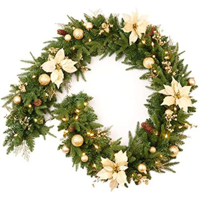 Pre-lit 9ft Christmas Garland with Gold Berries and Balls,Pine Cone,Golden Flower and 50 Battery Operated Soft White LED Lights with Timer,Artificial Holiday Decoration Door Outdoor