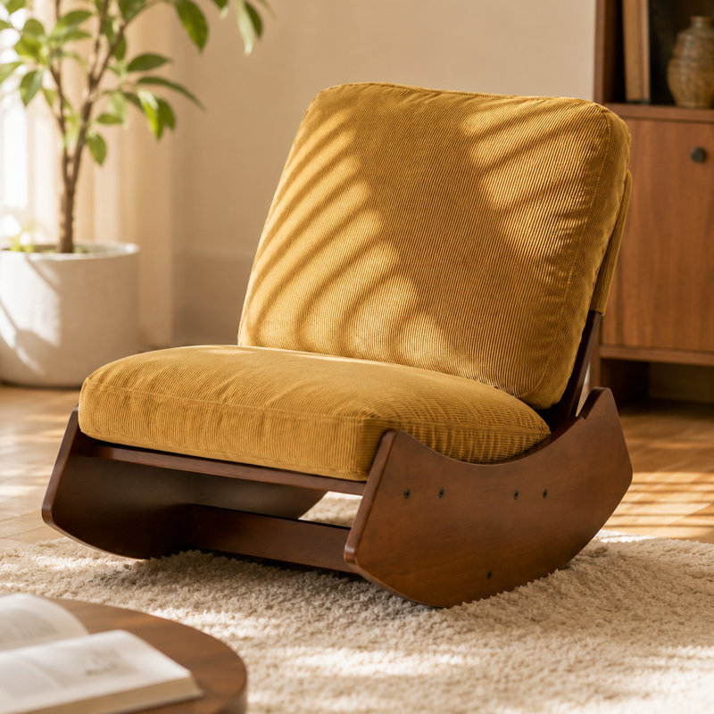 Chaise berçante en velours côtelé jaune, base en bois massif, fauteuil oscillant d'intérieur rembourré