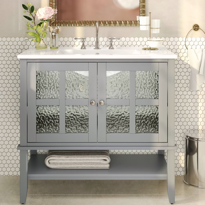 Meuble-lavabo simple 36 po avec lavabo en céramique et comptoir, meuble-lavabo avec tablette réglable et tablette ouverte