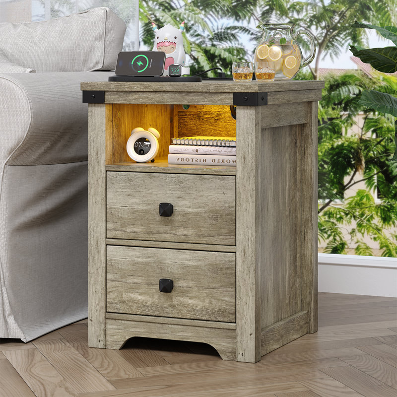 Nightstand with Charging Station, Farmhouse Nightstand with LED Lights, Modern Rustic Side Table with 2 Storage Drawers, Wooden End Table for Bedroom