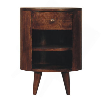 Wood Cortez California Walnut Bedside, 1-Drawer, 2-Open Shelves, Nordic Legs, Dark Brown