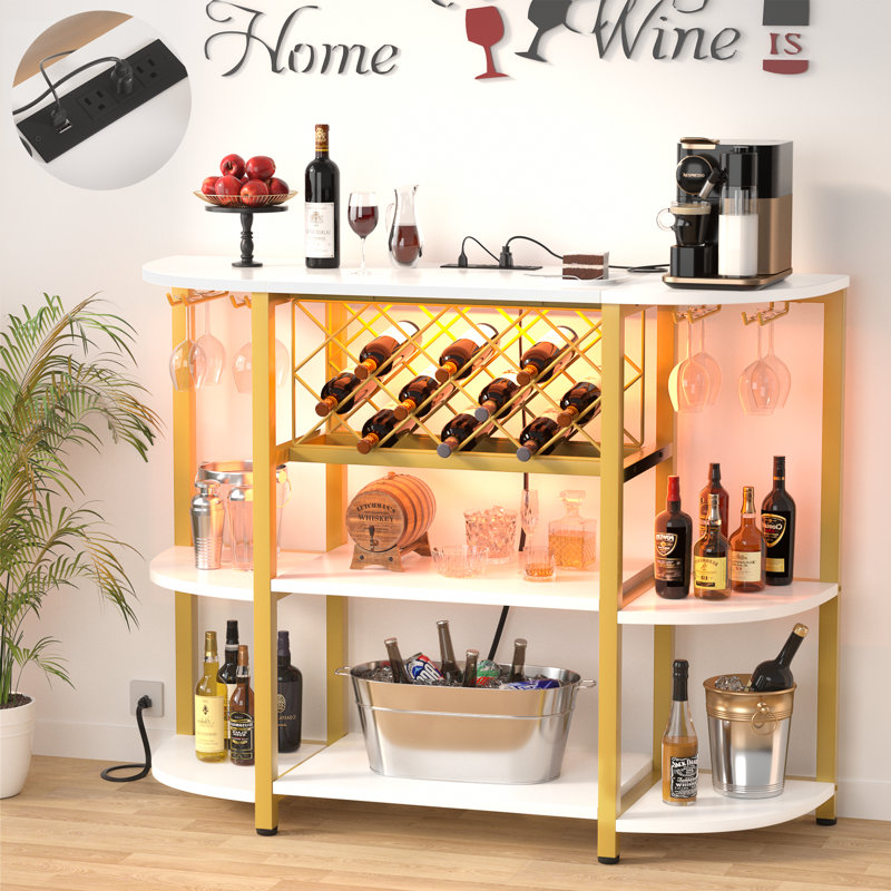 Minjae 47.5" Wine Bottle & Glass Rack, Bar Cabinet with LED Lights, White/Gold