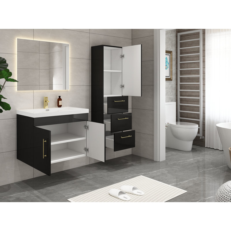 Eliza Bathroom Storage, Satin Black/Gold