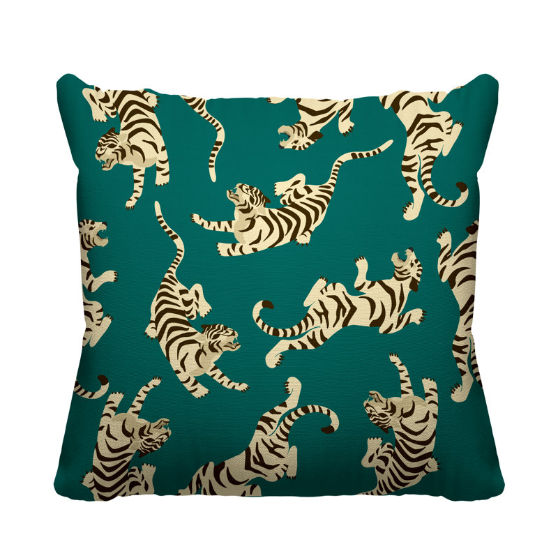 Coussin décoratif intérieur / extérieur Tigger Boho Tiger, L 15 po x H 15 po, Émeraude