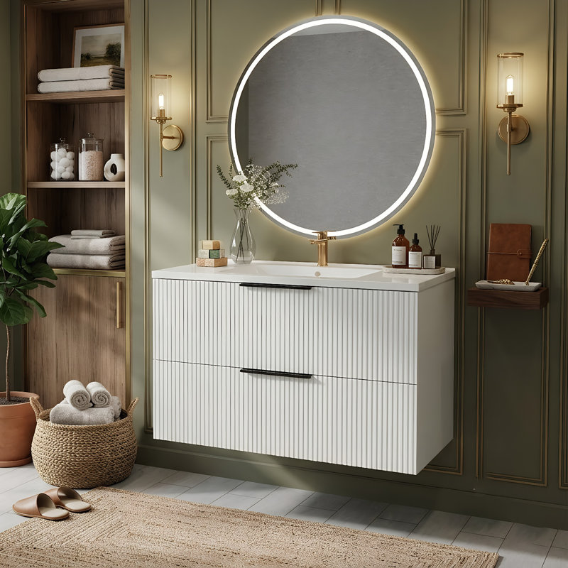 Meuble-lavabo mural cannelé moderne avec lavabo en céramique, armoire flottante en panneau de fibres à densité moyenne et tiroirs à fermeture en douceur (24 po / 30 po / 36 po)