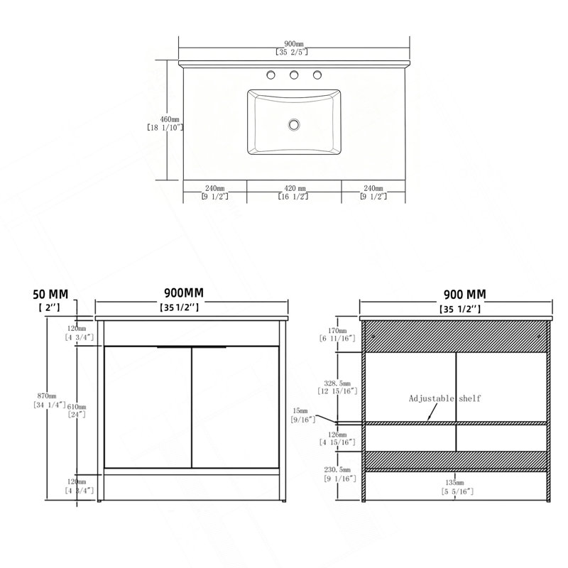 Meuble-lavabo autoportant de 91 cm avec lavabo, porte à fermeture amortie, comptoir et dosseret en marbre synthétique blanc de Carrare de 1,5 cm d'épaisseur, contreplaqué