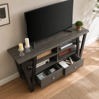 Meuble télé avec tiroirs LifeSky: panneau de particules moderne gris et noir bicolore + panneau de fibres à densité moyenne - 30 po de hauteur pour les lecteurs multimédias et les accessoires - Meuble audio-vidéo pour salon